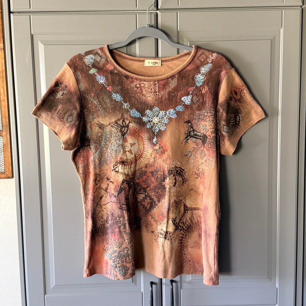 Cactus Women Y2K Southwestern Horse Embellished Graphic T-Shirt, Brown,L